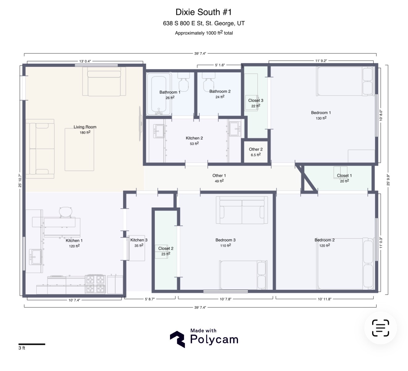 Floor plan, about 1,000 square feet: living room and kitchen at the front, two bathrooms, and three bedrooms with closets off a central hallway.