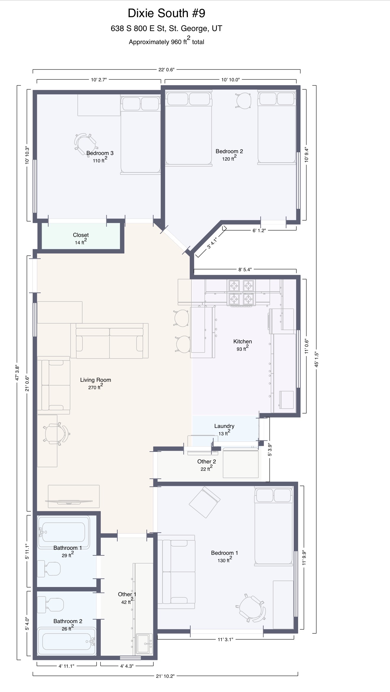 Floor plan, about 960 square feet: three bedrooms, two bathrooms, a kitchen and a living room with its own closet.